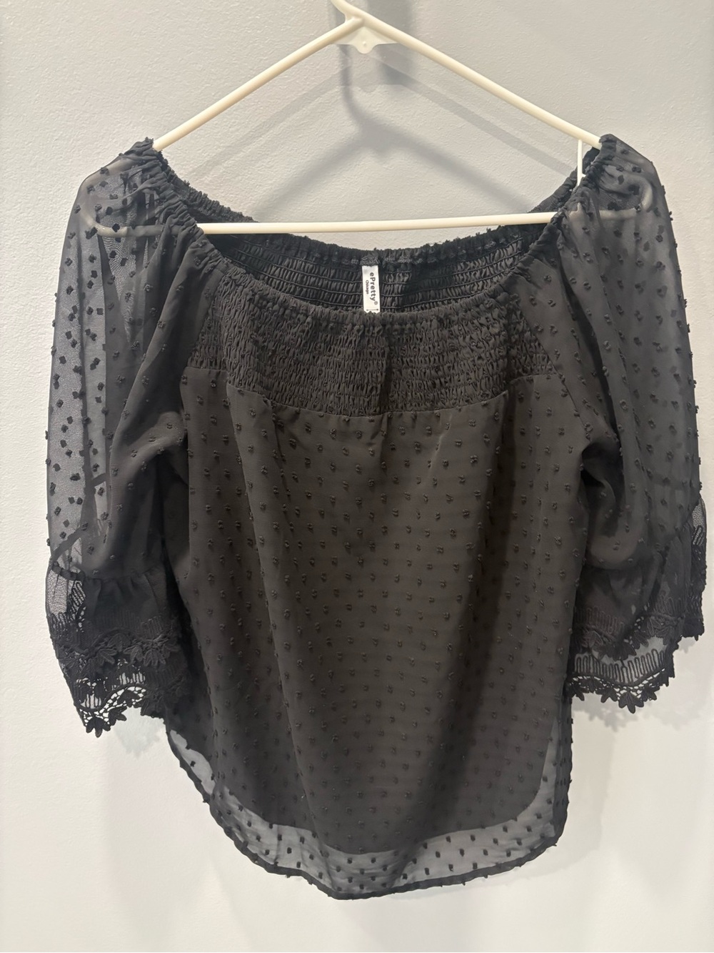 ePretty Black Off-Shoulder Swiss Dot Blouse with Lace Cuffs